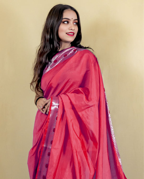 Indiehaat | Banarasi Brocade Raw Mango Silk Saree Red