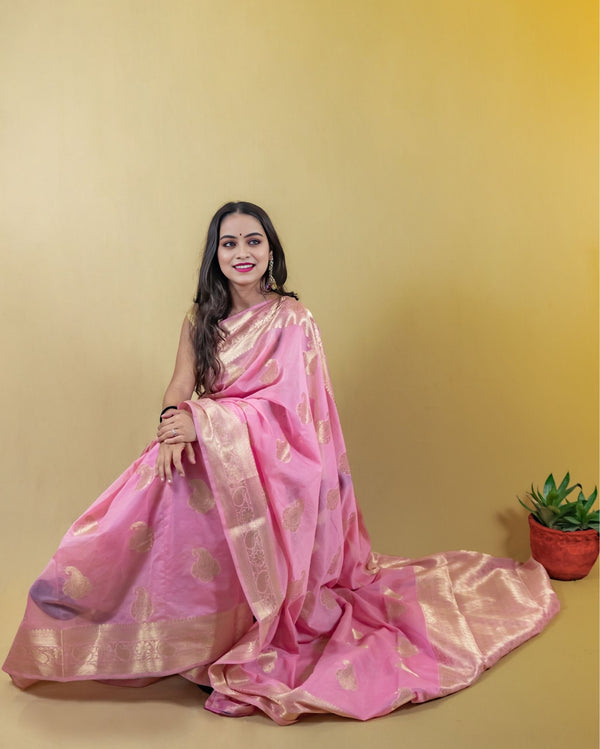 Indiehaat | Zari Banarasi Tissue Semi Silk Saree Pink