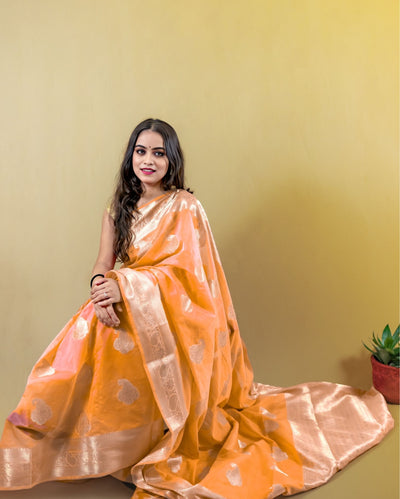 Indiehaat | Zari Banarasi Tissue Semi Silk Saree Orange