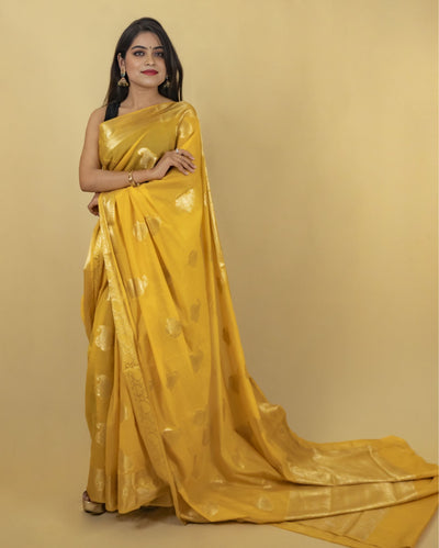 Indiehaat | Zari Banarasi Tissue Semi Silk Saree Yellow