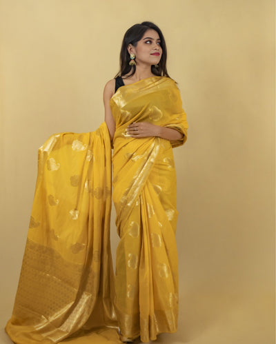 Indiehaat | Zari Banarasi Tissue Semi Silk Saree Yellow