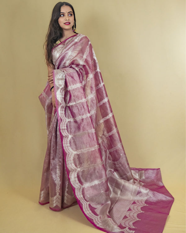 Indiehaat | Zari Banarasi Tissue Semi Silk Saree Pink