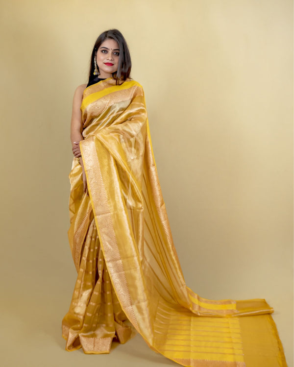 Indiehaat | Zari Banarasi Tissue Semi Silk Saree Yellow
