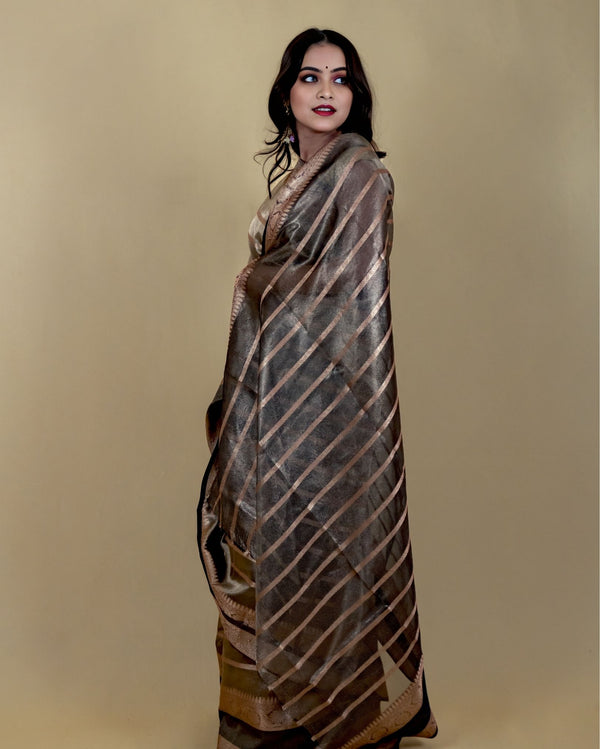 Indiehaat | Zari Banarasi Tissue Semi Silk Saree Black