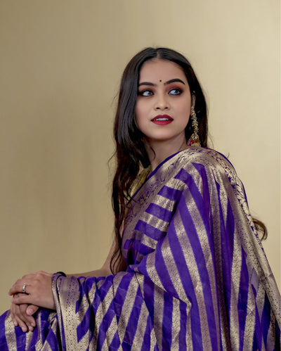 Indiehaat | Zari Banarasi Tissue Semi Silk Saree Violet