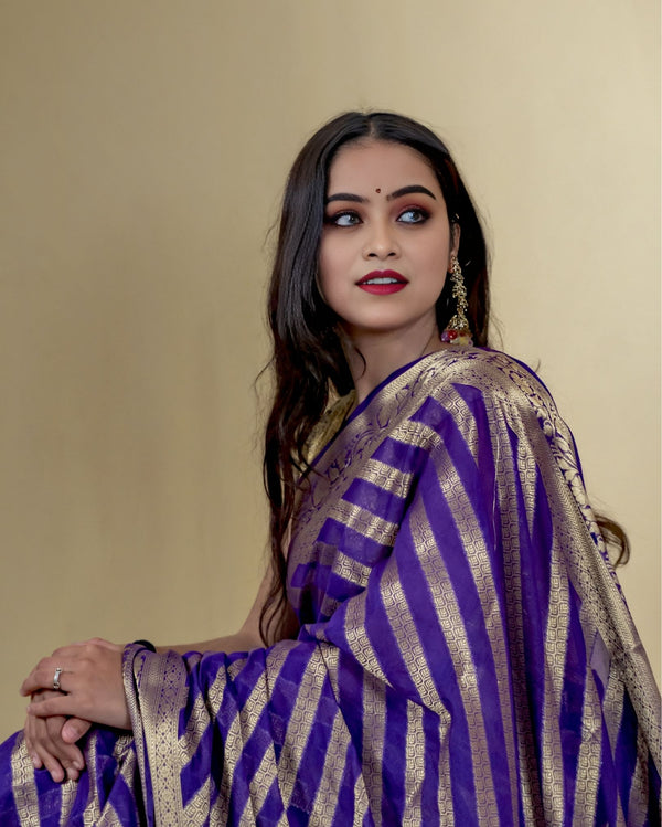 Indiehaat | Zari Banarasi Tissue Semi Silk Saree Violet