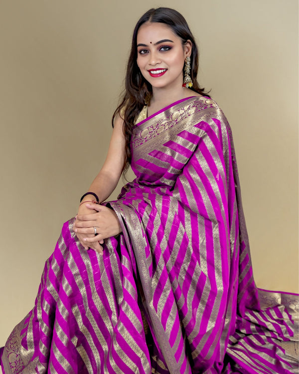 Indiehaat | Zari Banarasi Tissue Semi Silk Saree Pink