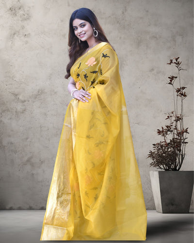 Indiehaat | Zari Banarasi Tissue Semi Silk Saree Yellow