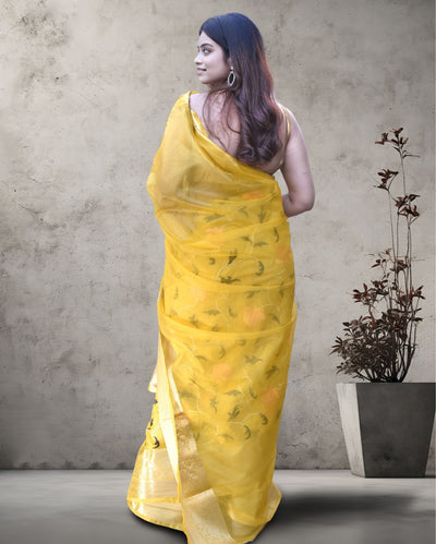 Indiehaat | Zari Banarasi Tissue Semi Silk Saree Yellow