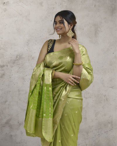 Indiehaat | Zari Banarasi Tissue Semi Silk Saree Green