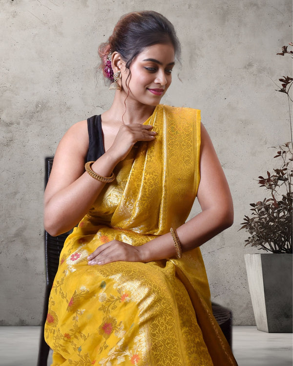 Indiehaat | Zari Banarasi Tissue Semi Silk Saree Yellow