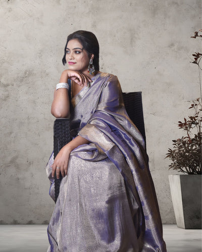 Indiehaat | Zari Banarasi Tissue Semi Silk Saree Purple