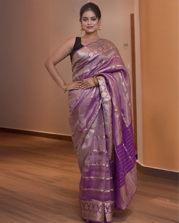 Indiehaat | Zari Banarasi Tissue Semi Silk Saree Purple