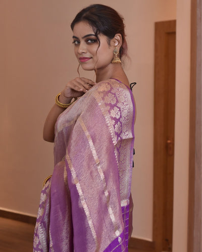 Indiehaat | Zari Banarasi Tissue Semi Silk Saree Purple