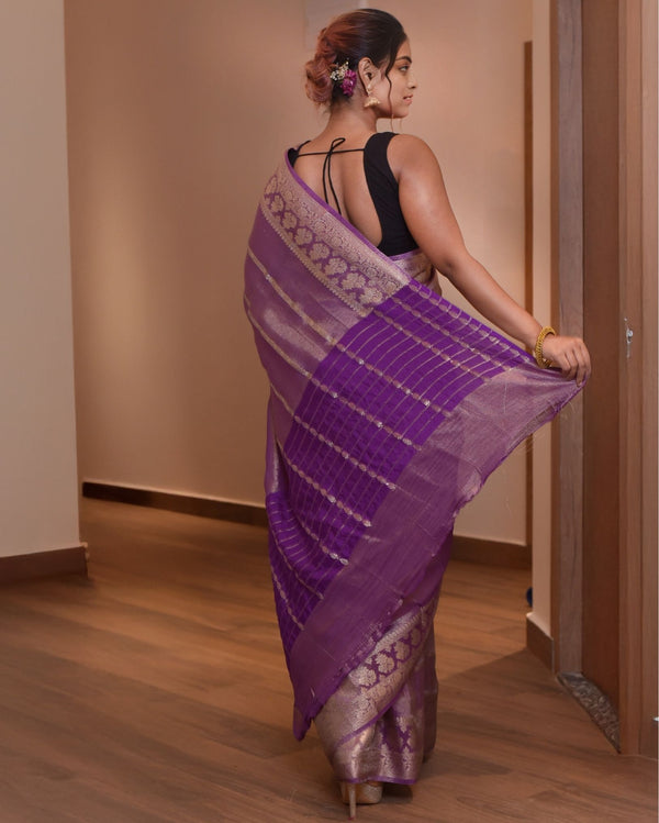 Indiehaat | Zari Banarasi Tissue Semi Silk Saree Purple