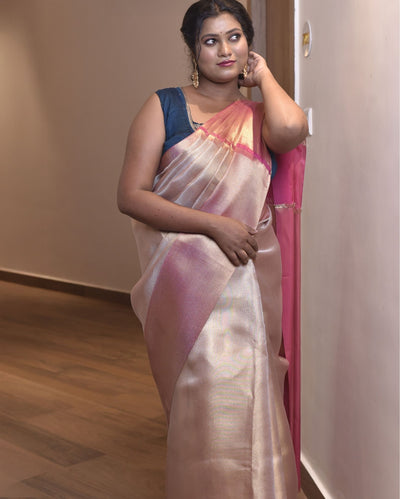 Indiehaat | Zari Banarasi Tissue Semi Silk Saree Champagne