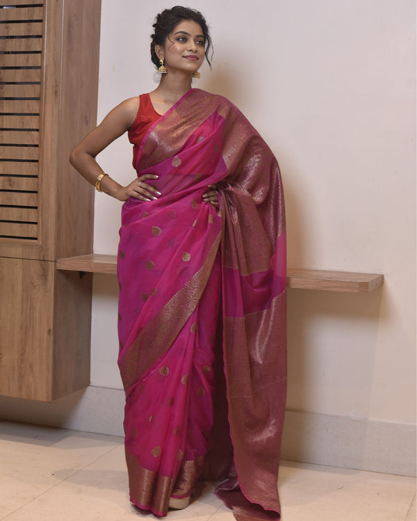 Indiehaat | Zari Banarasi Tissue Semi Silk Saree Pink
