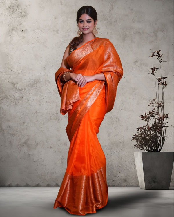 Indiehaat | Zari Banarasi Tissue Semi Silk Saree Orange
