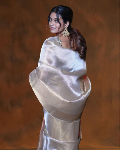 Indiehaat | Zari Banarasi Tissue Semi Silk Saree Gold