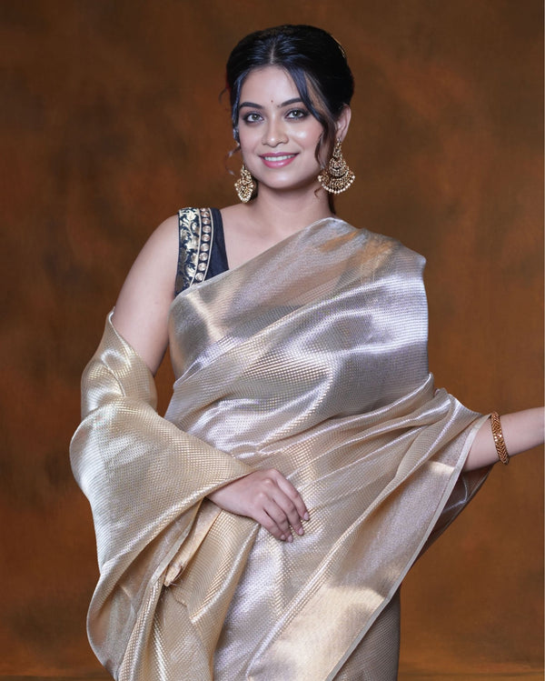 Indiehaat | Zari Banarasi Tissue Semi Silk Saree Gold