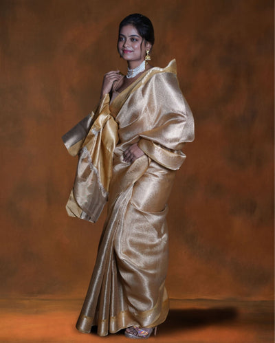 Indiehaat | Zari Banarasi Tissue Semi Silk Saree Gold