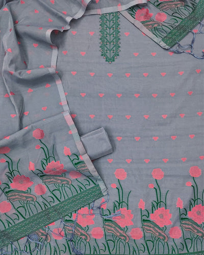 Indiehaat | Banarasi Cotton Thread Work Suit Gray