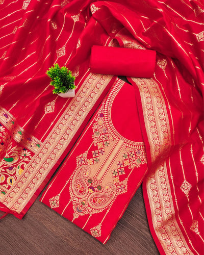 Indiehaat | Banarasi Cotton Thread Work Suit Red