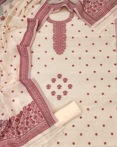 Indiehaat | Banarasi Cotton Thread Work Suit Cream & Maroon