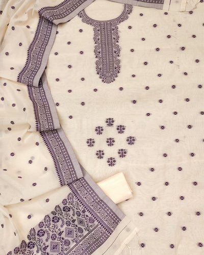 Indiehaat | Banarasi Cotton Thread Work Suit Cream & Purple