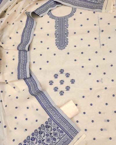Indiehaat | Banarasi Cotton Thread Work Suit Cream & Blue