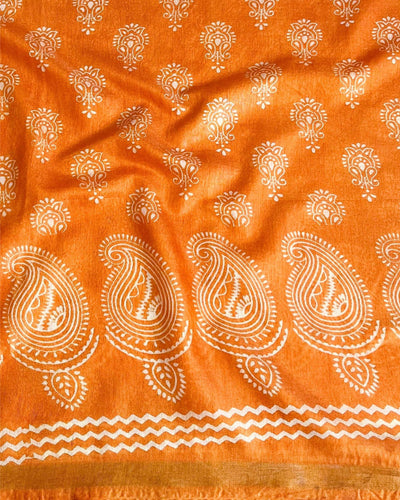 Indiehaat | Katan Silk Block Print Orange Saree