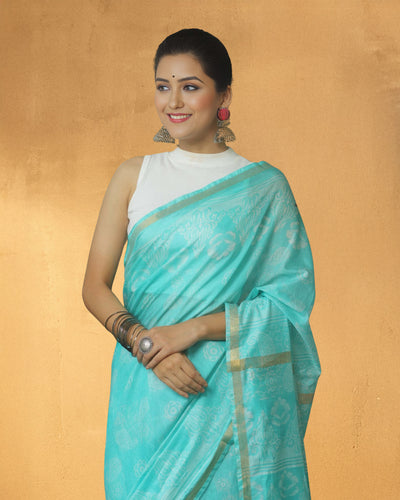 Indiehaat | Katan Silk Block Print Blue Saree