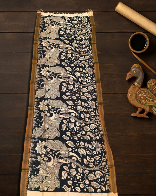 Indiehaat | Mangalagiri Handpainted Dupatta Black & White