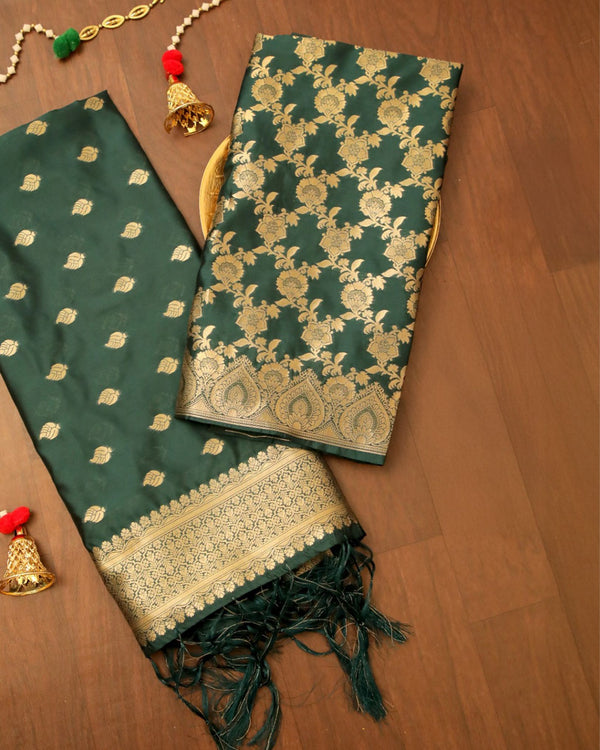 Indiehaat | Banarasi Brocade Weaving Lichi Silk Suit Green