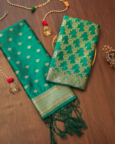 Indiehaat | Banarasi Brocade Weaving Lichi Silk Suit Green