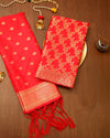 Indiehaat | Banarasi Brocade Weaving Lichi Silk Suit Red