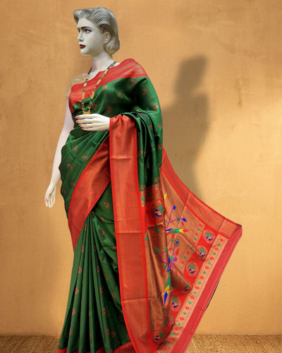 Indiehaat | Paithani Silk Meenakari Nath Buti Saree Green