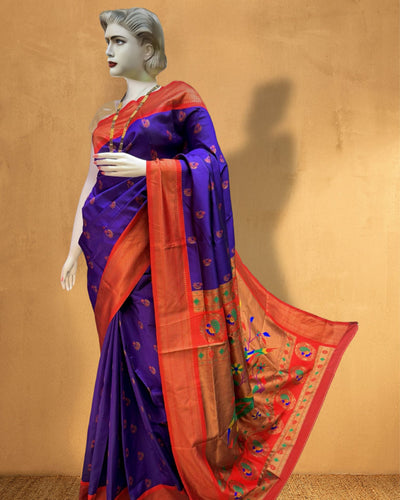 Indiehaat | Paithani Silk Meenakari Nath Buti Saree Blue