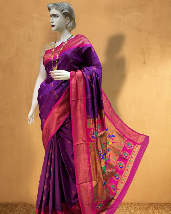 Indiehaat | Paithani Silk Meenakari Nath Buti Saree Purple