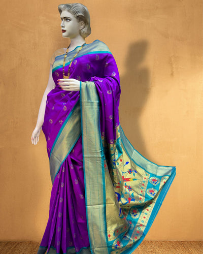 Indiehaat | Paithani Silk Meenakari Nath Buti Saree Purple