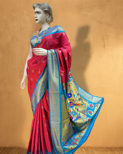 Indiehaat | Paithani Silk Meenakari Nath Buti Saree Red