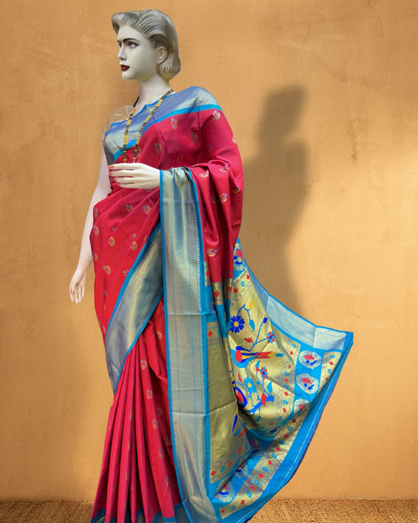 Indiehaat | Paithani Silk Meenakari Nath Buti Saree Red