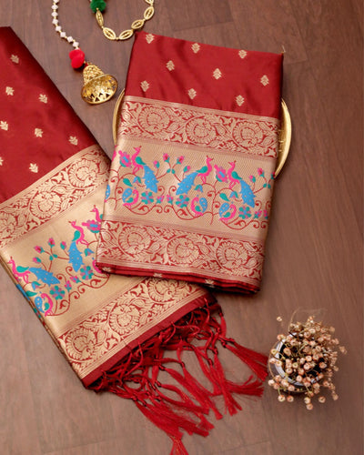 Indiehaat | Banarasi Lichi Silk Brocade Dupatta Red