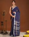 Indiehaat | Linen Hand Dyed Strped Pallu Saree Blue