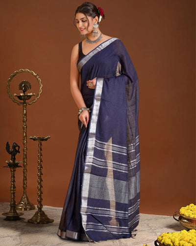 Indiehaat | Linen Hand Dyed Strped Pallu Saree Blue