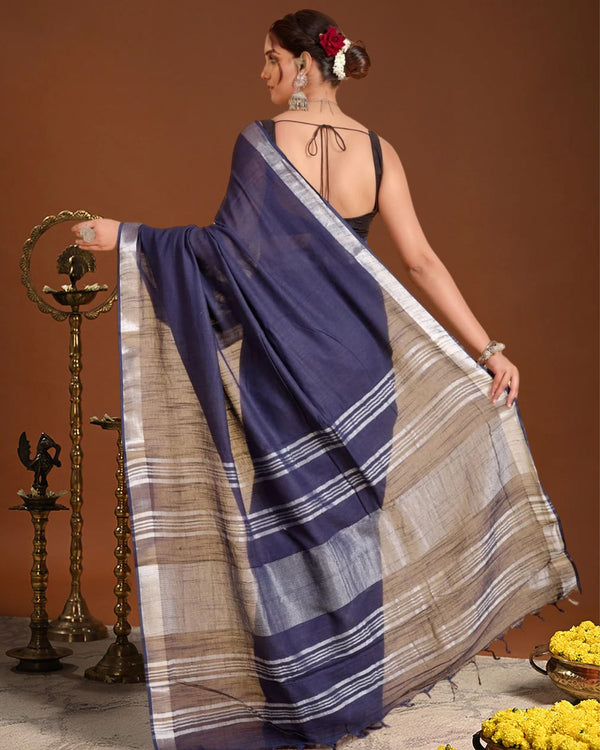 Indiehaat | Linen Hand Dyed Strped Pallu Saree Blue