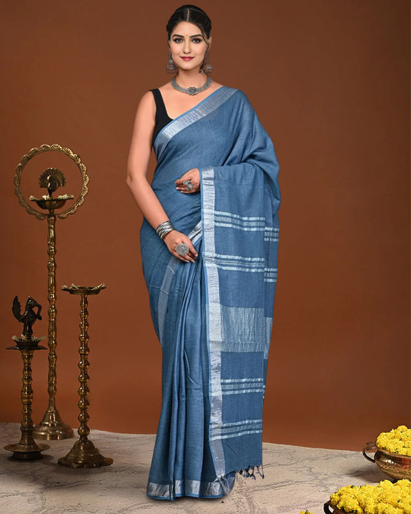Indiehaat | Linen Hand Dyed Strped Pallu Saree Blue