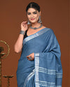 Indiehaat | Linen Hand Dyed Strped Pallu Saree Blue