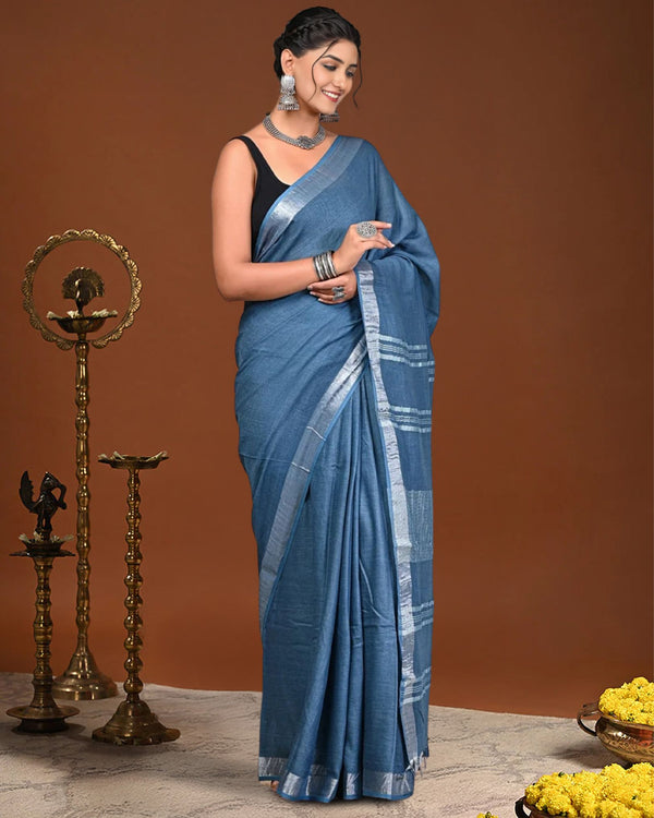 Indiehaat | Linen Hand Dyed Strped Pallu Saree Blue
