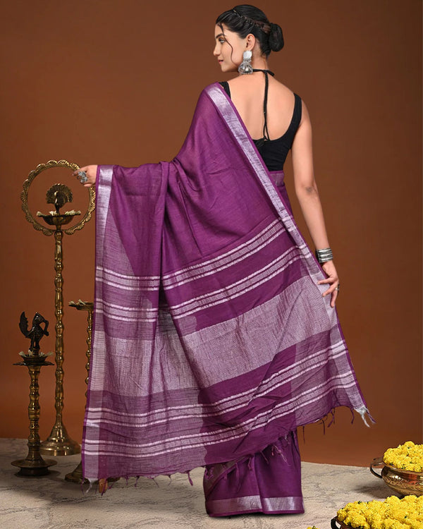 Indiehaat | Linen Hand Dyed Strped Pallu Saree Purple